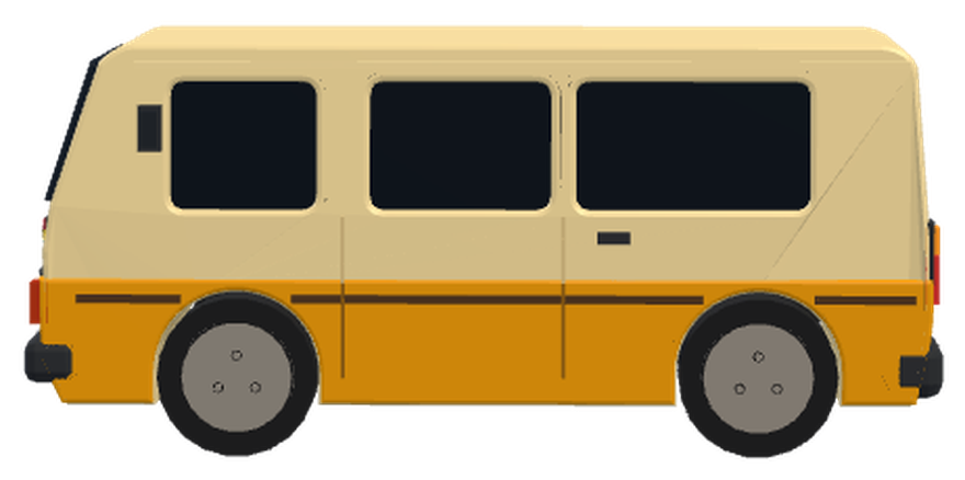 The trotro as it leaves the depot: plain cream over saffron, steel wheels