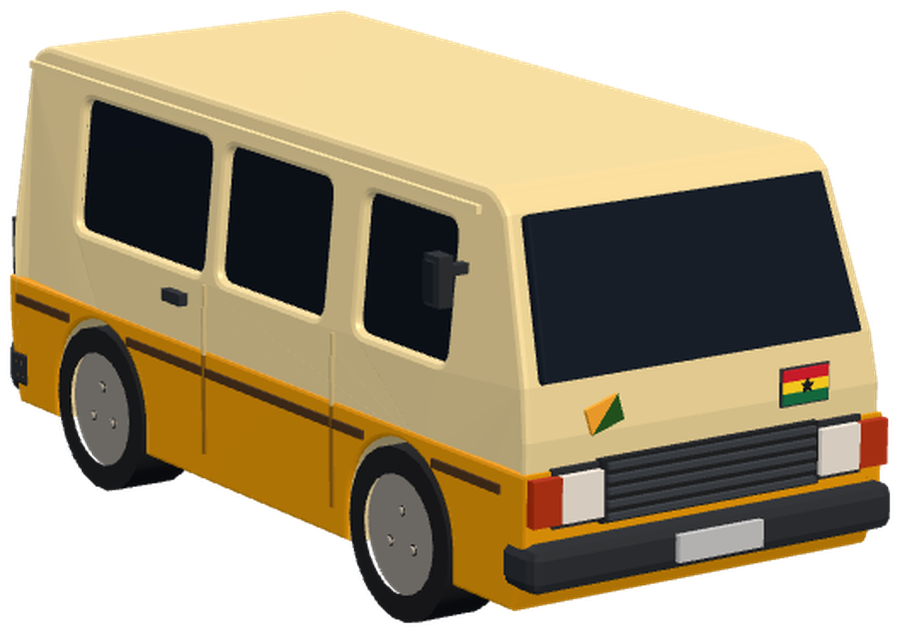 The trotro minibus, cream over saffron, with a Ghana flag on the nose