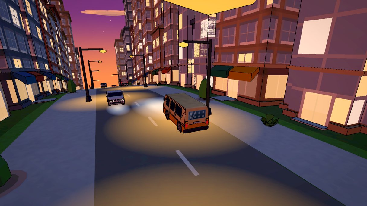 Trotro Driver: sunset burning between downtown towers, streetlights and headlights on