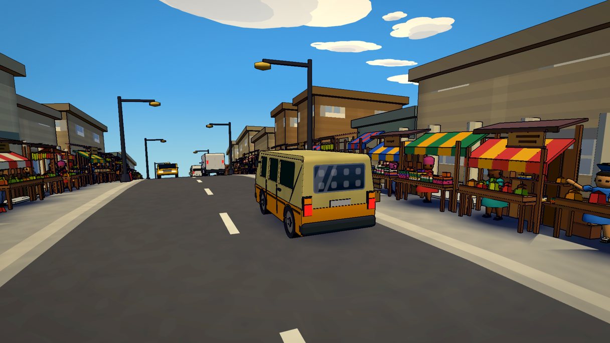 Trotro Driver: a market street at midday, striped stall awnings and traders down both kerbs