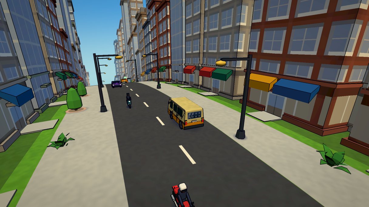 Trotro Driver: the minibus running a downtown avenue walled by towers on both sides, traffic ahead of it