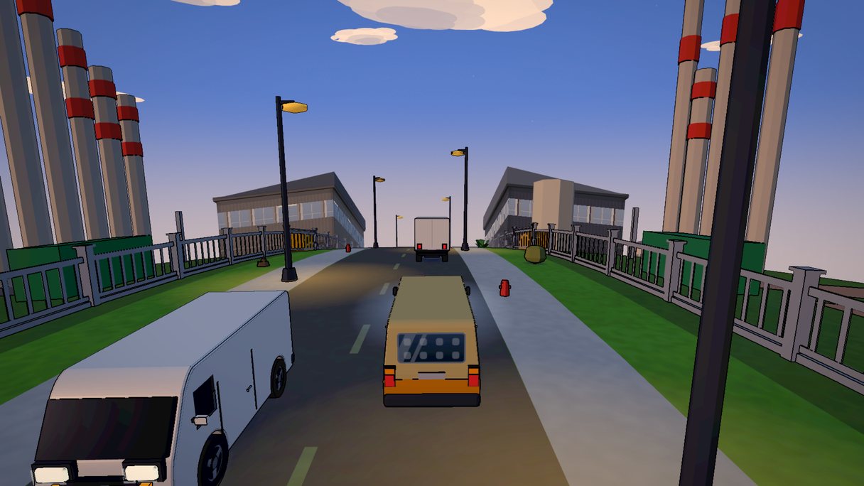 Trotro Driver: the minibus among lorries on a works road, banded chimney stacks standing either side