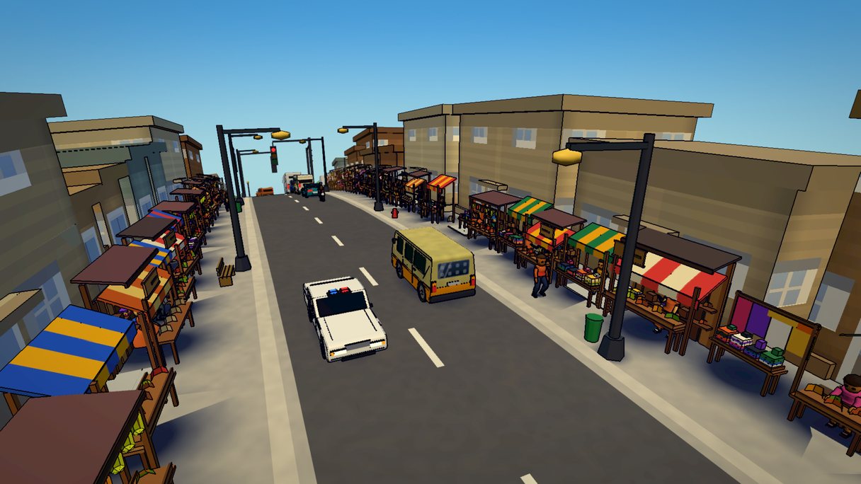 Trotro Driver: running a market street with stalls, awnings and shoppers crowding both kerbs