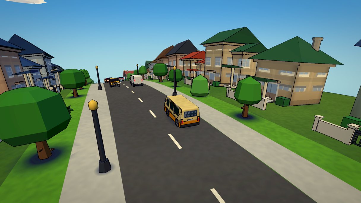 Trotro Driver: a tree-lined residential street of walled villas, with traffic holding the far end